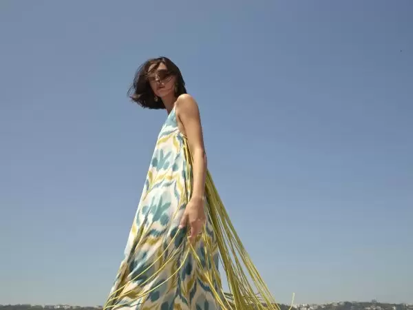 Asli Fringe Dress in Blue Floral Silk/Cotton Ikat