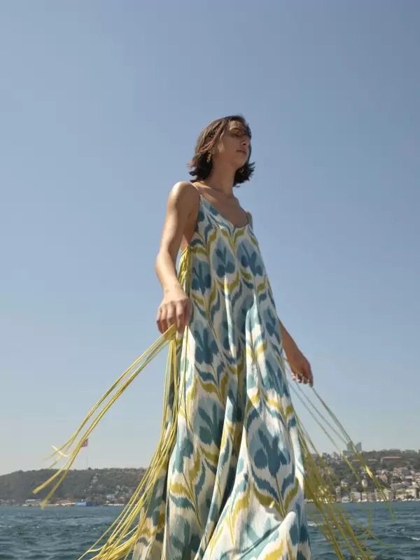 Asli Fringe Dress in Blue Floral Silk/Cotton Ikat