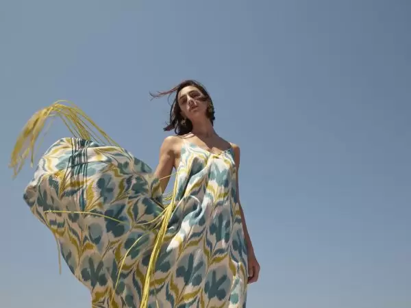 Asli Fringe Dress in Blue Floral Silk/Cotton Ikat