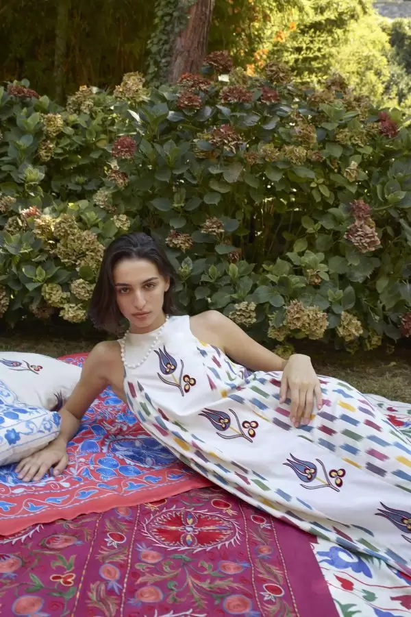 Lale Dress with Embroidery in Multi Confetti Cotton Ikat