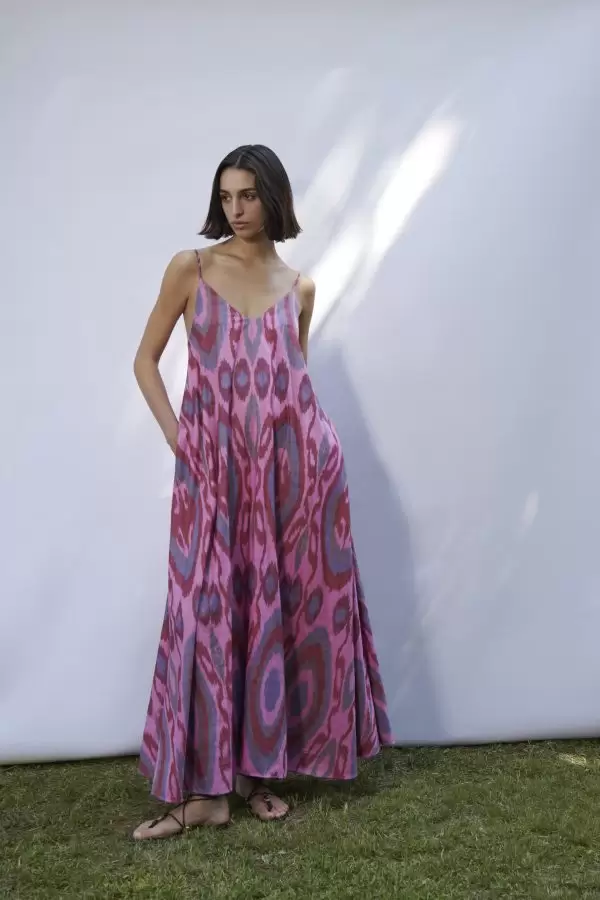 Asli Fringe Dress in Pink Ethnic Cotton Ikat