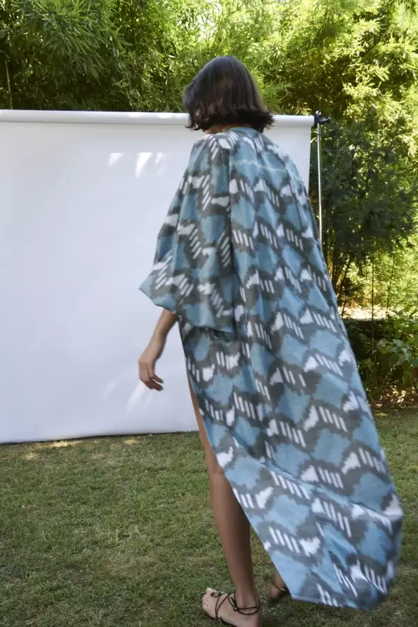 Cappadocia Kimono in Blue Geometric Cotton Ikat