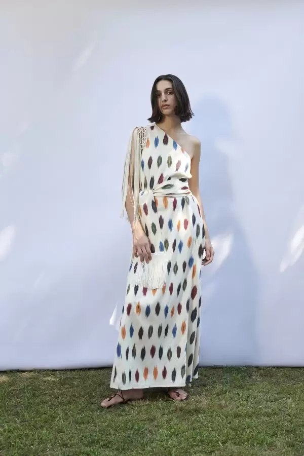 Saray Dress w Fringes & Belt in Multi Dots Cotton Ikat