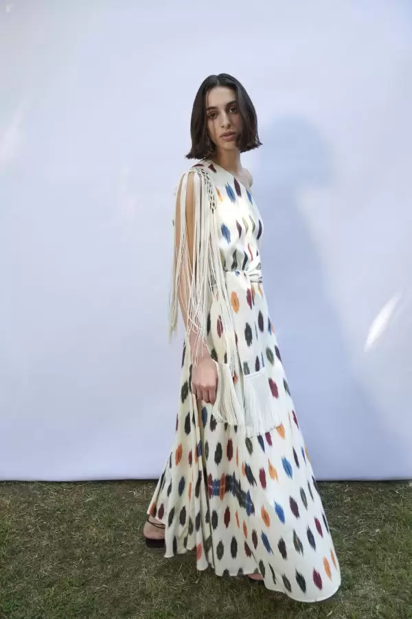 Saray Dress w Fringes & Belt in Multi Dots Cotton Ikat