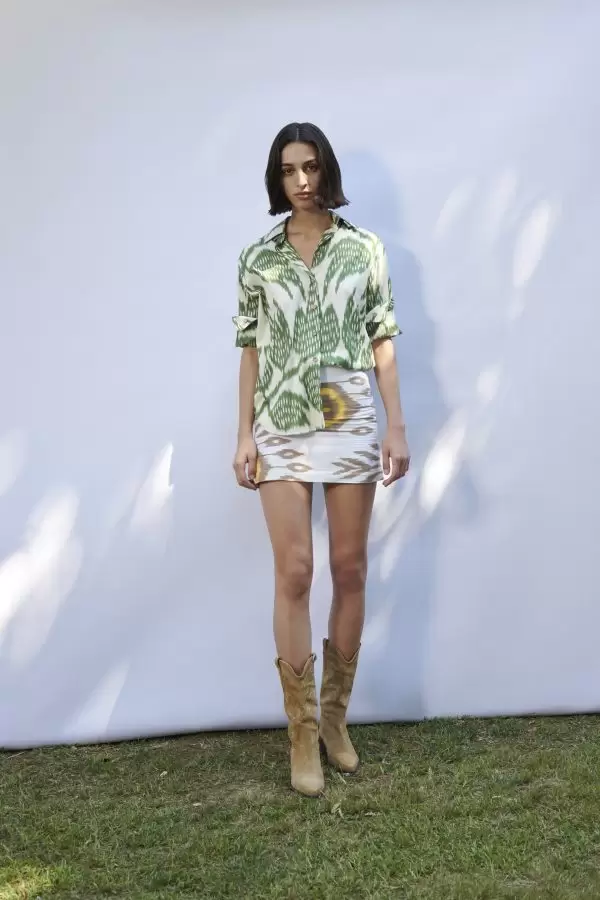 Tiril Skirt in Ecru-Brown-Yellow Ethnic Cotton Ikat