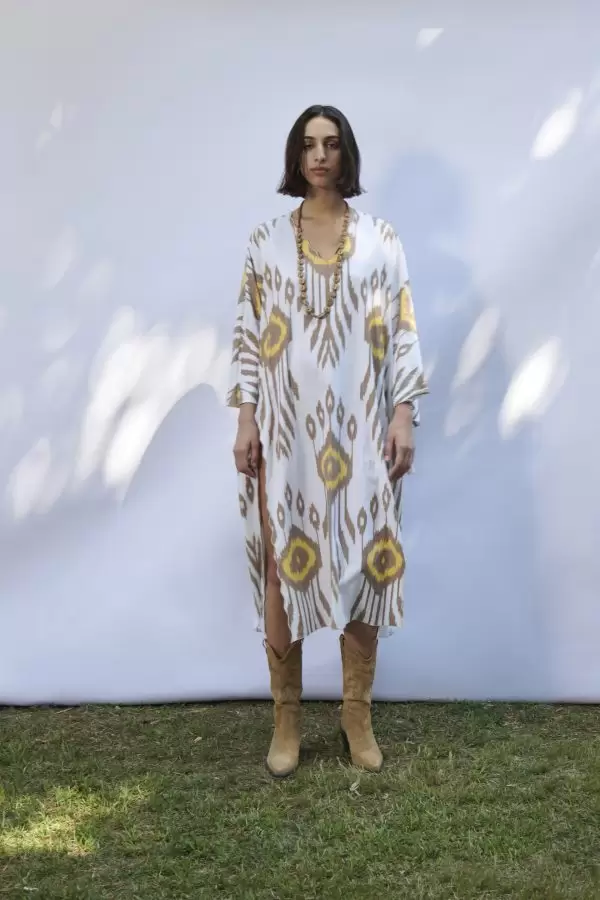 Tassel Caftan in Ecru-Brown-Yellow Ethnic Cotton Ikat