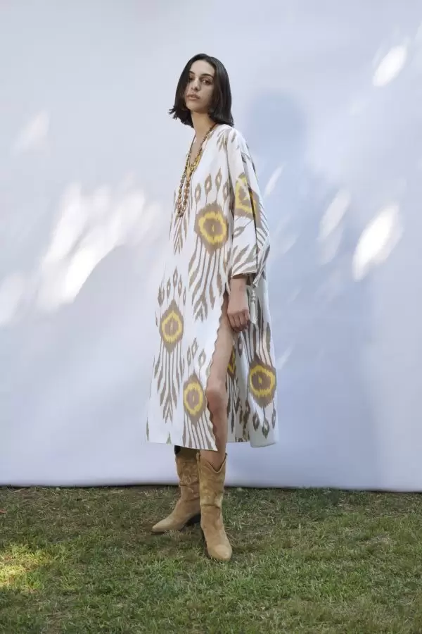 Tassel Caftan in Ecru-Brown-Yellow Ethnic Cotton Ikat