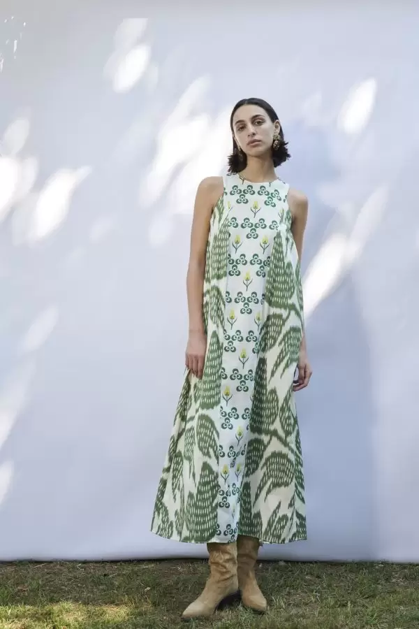 Lale Dress in Green Leaf Cotton Ikat
