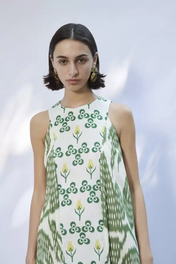 Lale Dress in Green Leaf Cotton Ikat