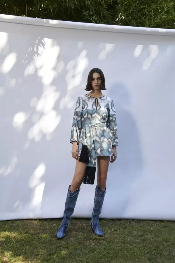 New Plaj Dress w Belt in Blue Evil Eye / Blue Geometric Cotton Ikat