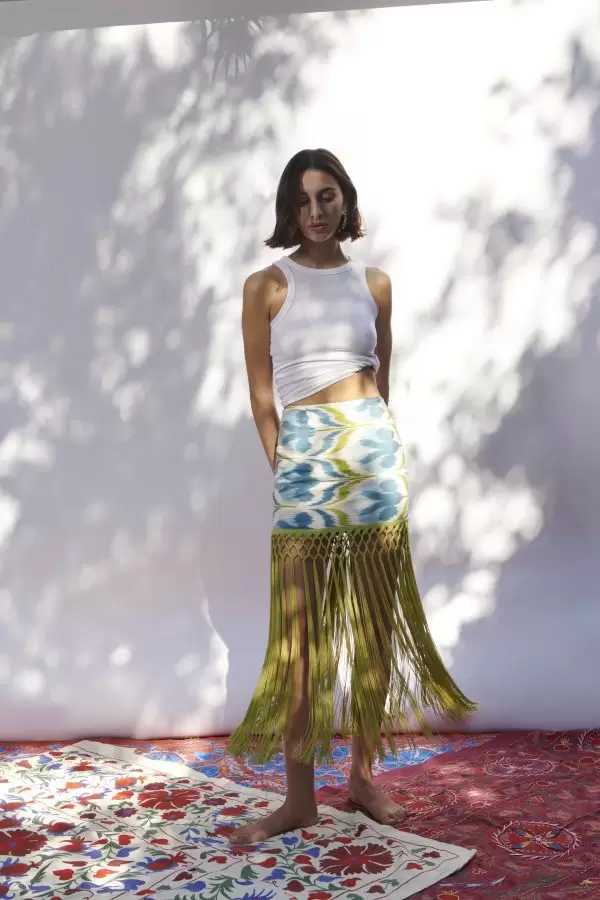 Tiril Skirt w Fringes in Blue Floral Silk/Cotton Ikat