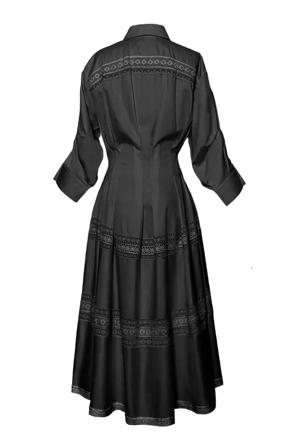 Elegant Dress w Cotton Lace Trim in Black Poplin