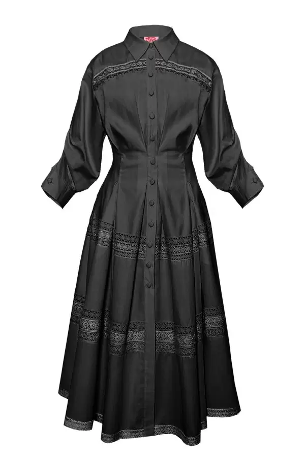 Elegant Dress w Cotton Lace Trim in Black Poplin