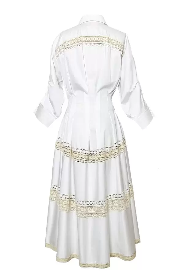 Elegant Dress w Cotton Lace Trim in White Poplin