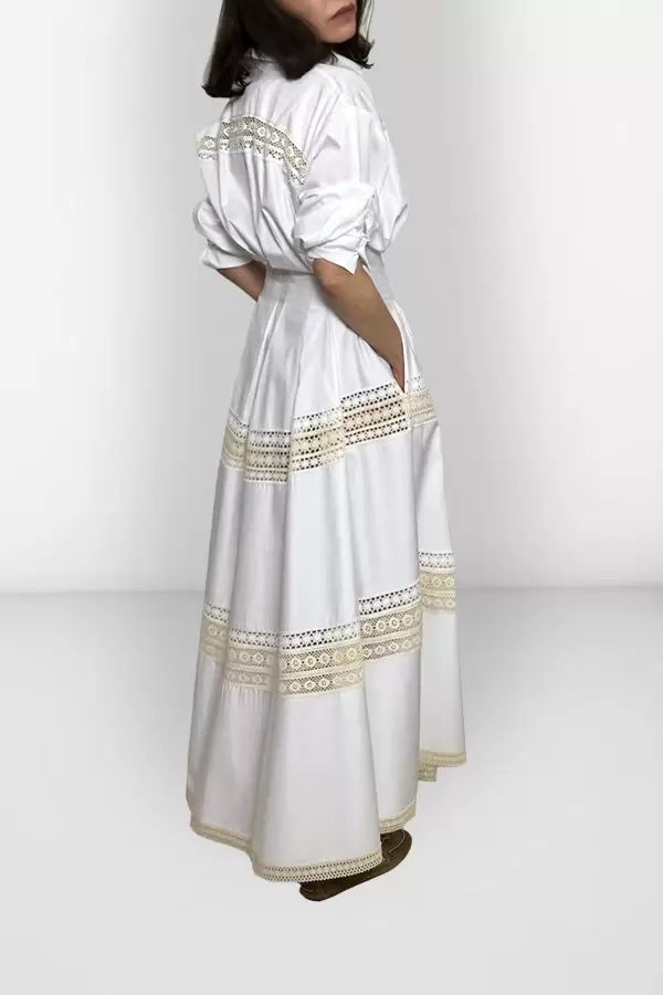 Elegant Dress w Cotton Lace Trim in White Poplin