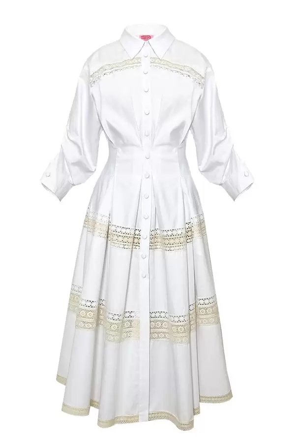 Elegant Dress w Cotton Lace Trim in White Poplin