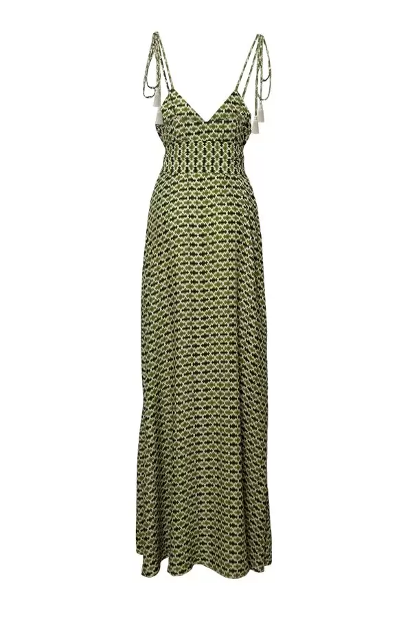 Asli Dress w Cotton Lace Trim in Olive/Butter Mountain Mirage Print