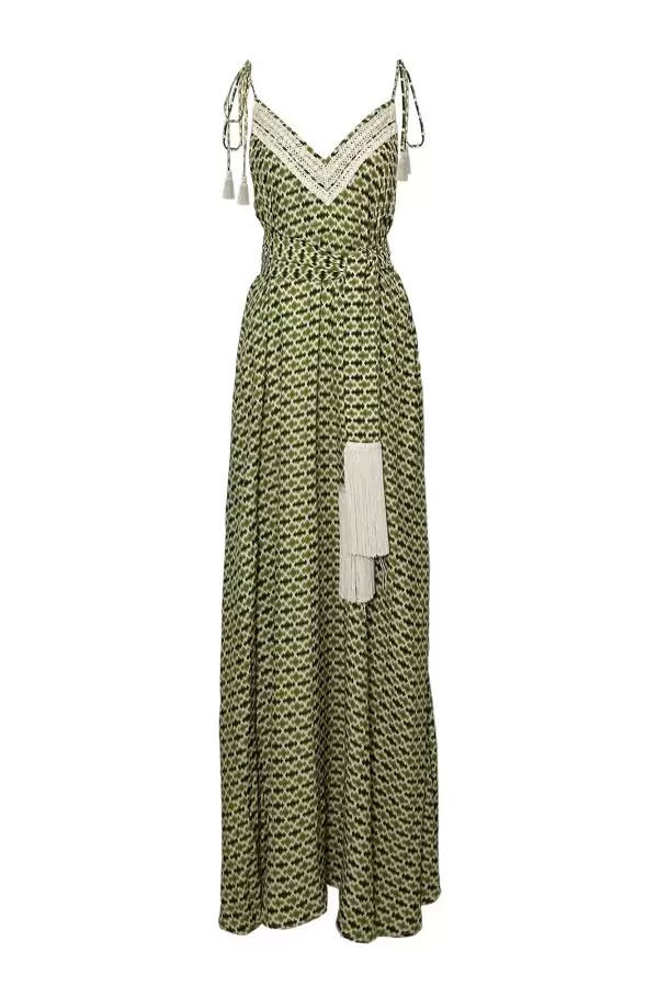 Asli Dress w Cotton Lace Trim in Olive/Butter Mountain Mirage Print
