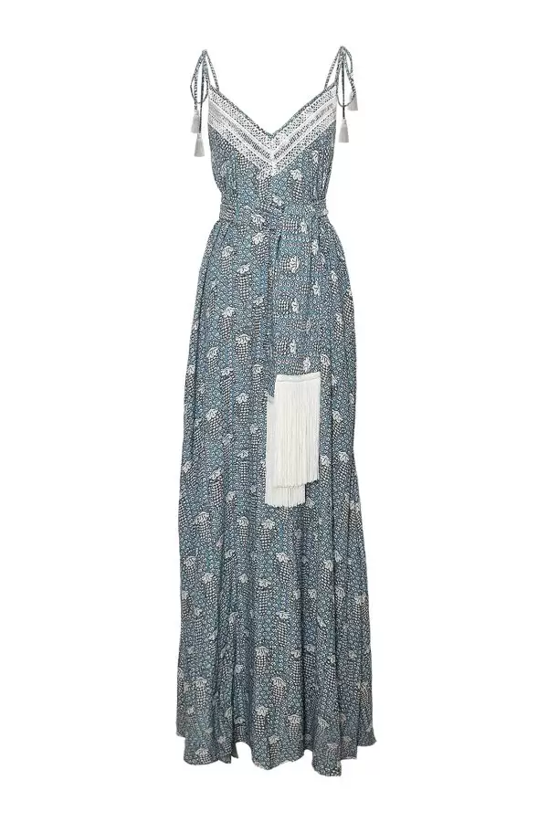 Asli Dress w Guipure Lace Trim in White/Blue Grape on Clouds Print