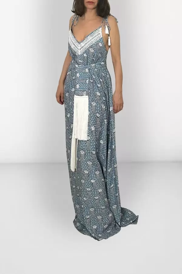 Asli Dress w Guipure Lace Trim in White/Blue Grape on Clouds Print