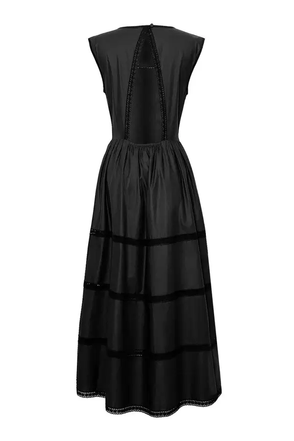 Peekaboo Dress w Cotton Lace Trim in Black Poplin