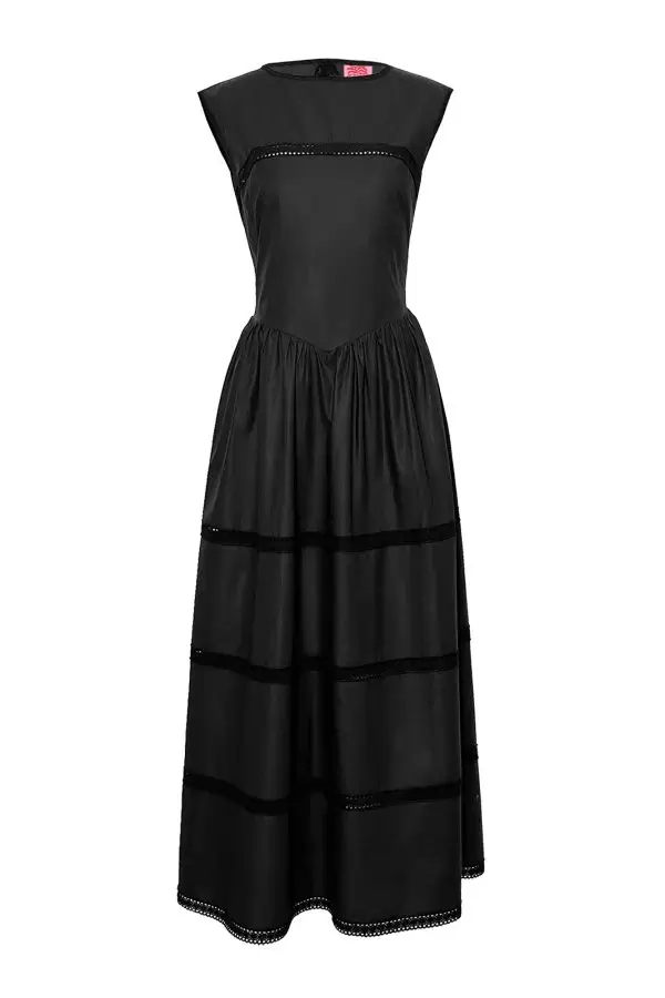 Peekaboo Dress w Cotton Lace Trim in Black Poplin