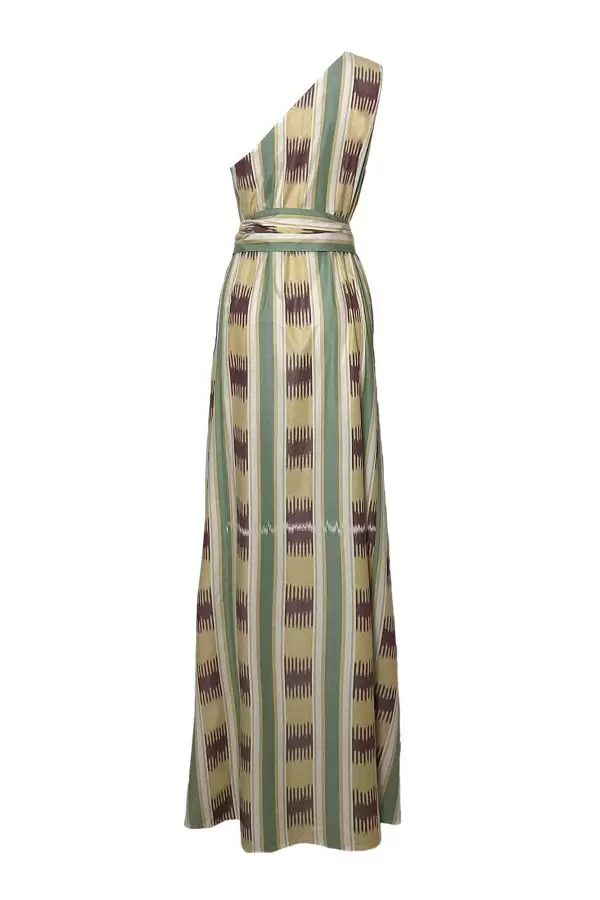 Saray Dress in Mustard/Burgundy/Green Striped Ikat Cotton