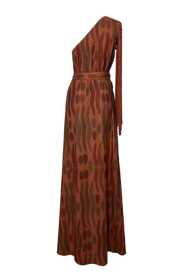 Saray Dress w Fringe Sleeve in Copper/Khaki Wave Ikat Cotton