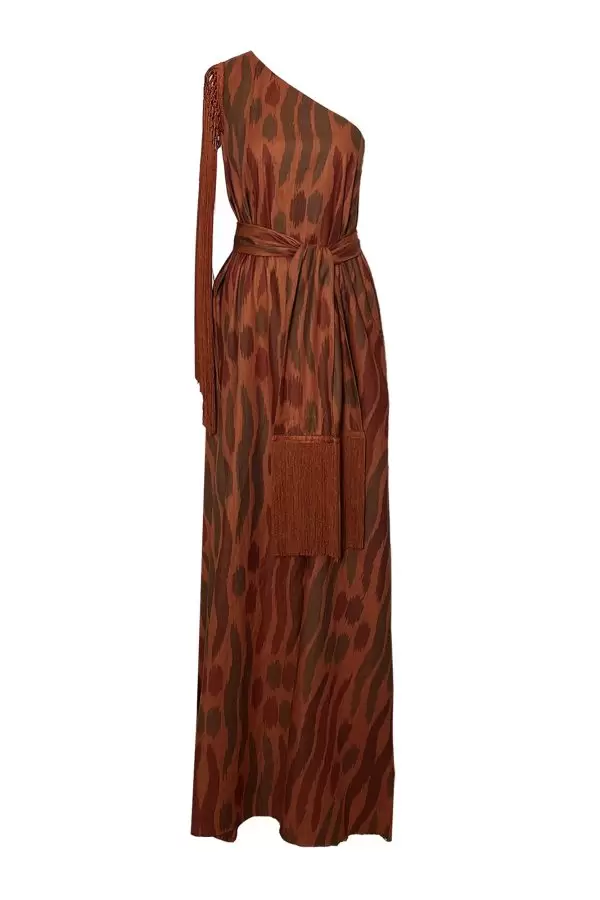 Saray Dress w Fringe Sleeve in Copper/Khaki Wave Ikat Cotton