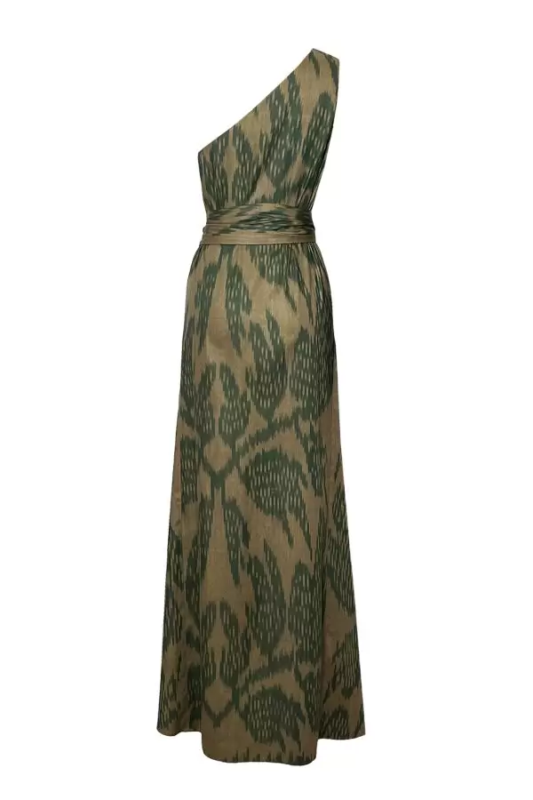 Saray Dress in Camel/Green Leaf Ikat Cotton