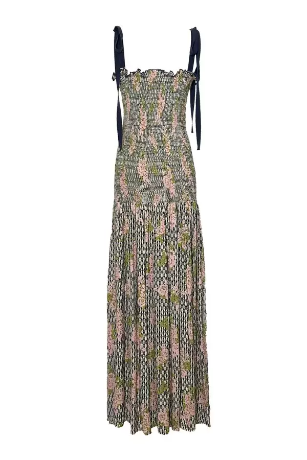 Shirred Maxi Dress in Pink/Green/Navy Sakura Print