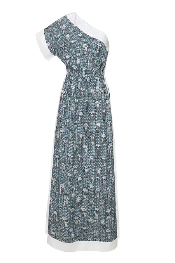 Sultan Dress in White/Blue Grape on Clouds Print