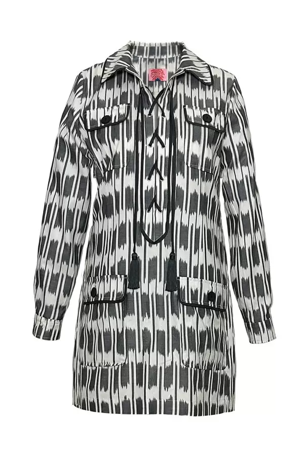 Safari Dress in Ecru/Black Check Cotton Ikat