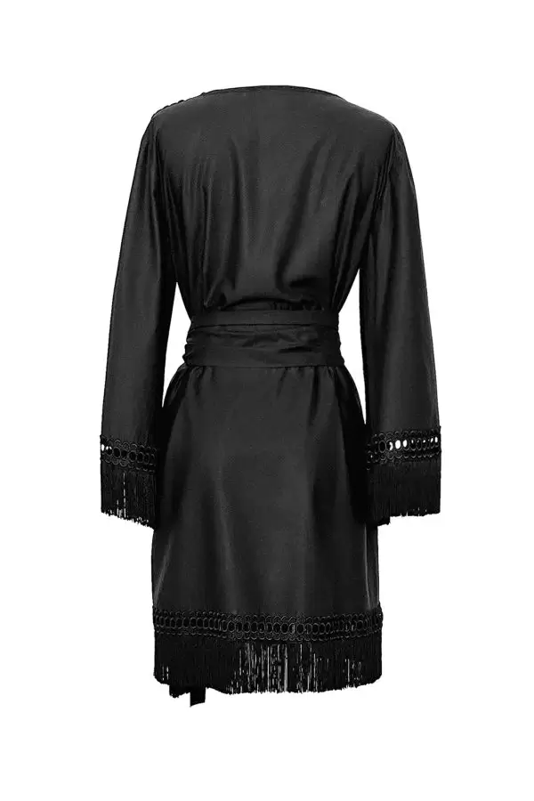 V Neck Fringed Dress in Black Poplin