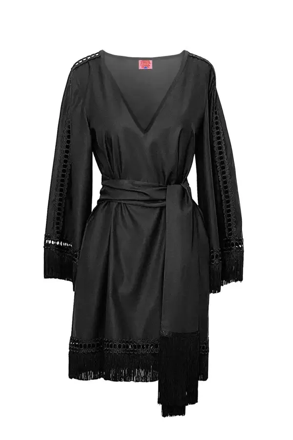 V Neck Fringed Dress in Black Poplin