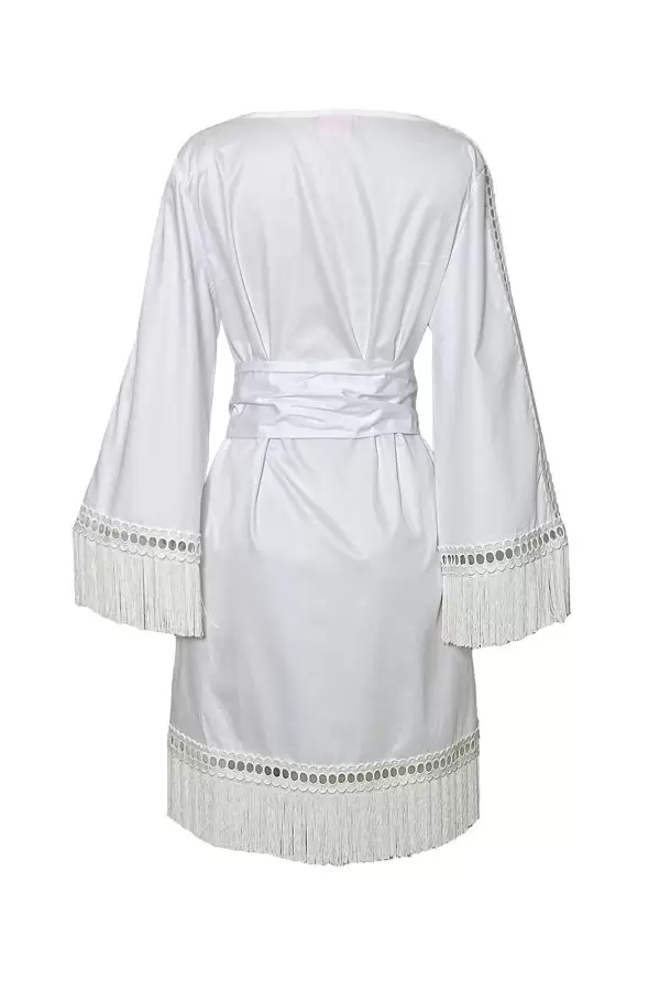V Neck Fringed Dress in White Poplin