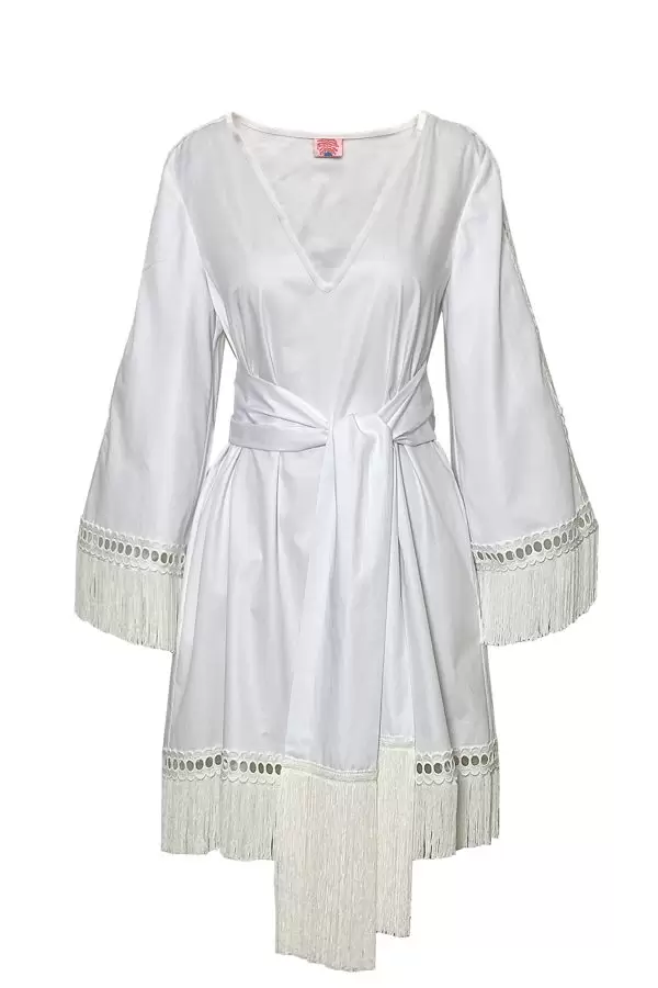 V Neck Fringed Dress in White Poplin