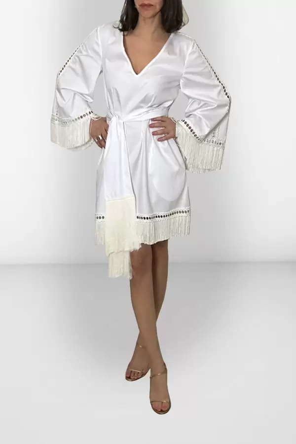 V Neck Fringed Dress in White Poplin