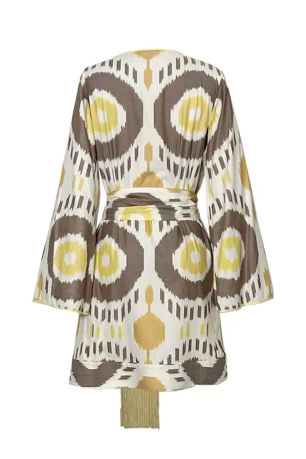 Plaj Dress in Ecru/Brown/Yellow Ethnic Cotton Ikat