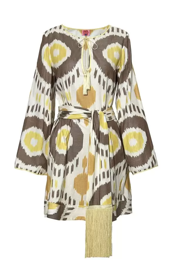 Plaj Dress in Ecru/Brown/Yellow Ethnic Cotton Ikat