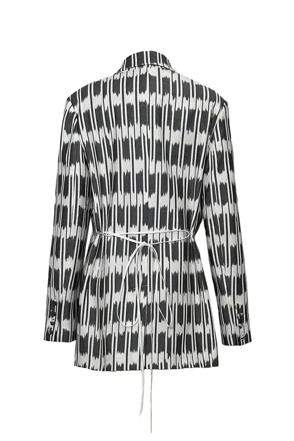Tailored Jacket w String Belt in Ecru/Black Check Cotton Ikat