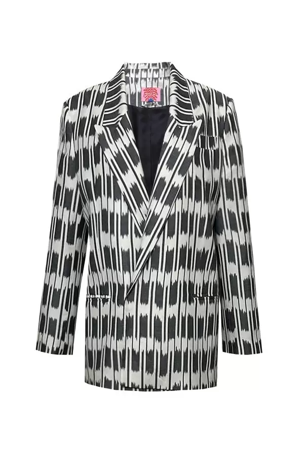 Tailored Jacket w String Belt in Ecru/Black Check Cotton Ikat