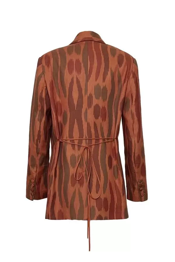 Tailored Jacket w String Belt in Copper/Khaki Wave Ikat Cotton
