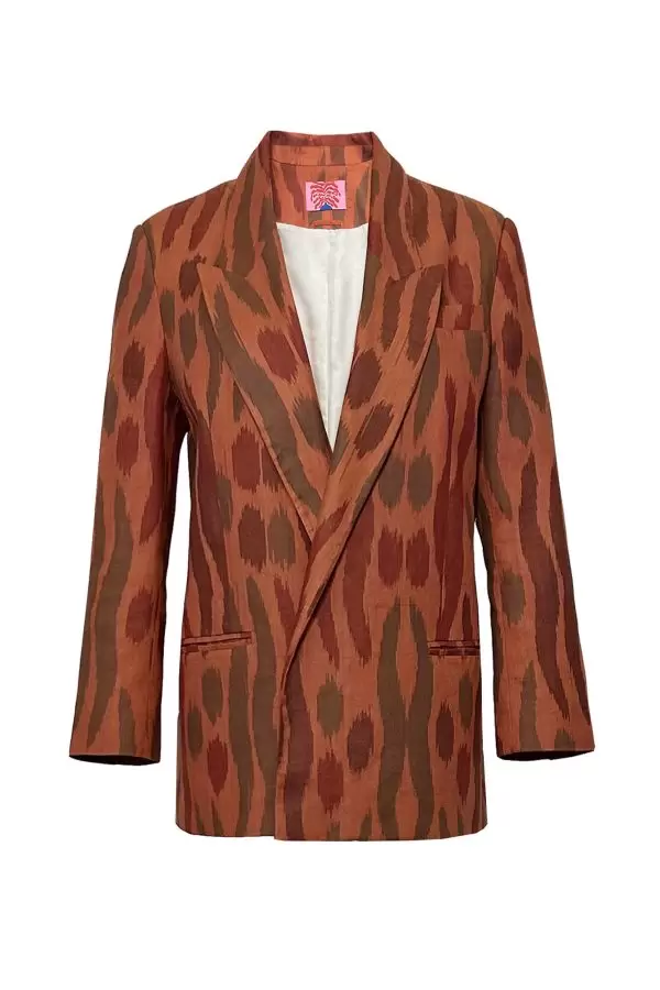 Tailored Jacket w String Belt in Copper/Khaki Wave Ikat Cotton