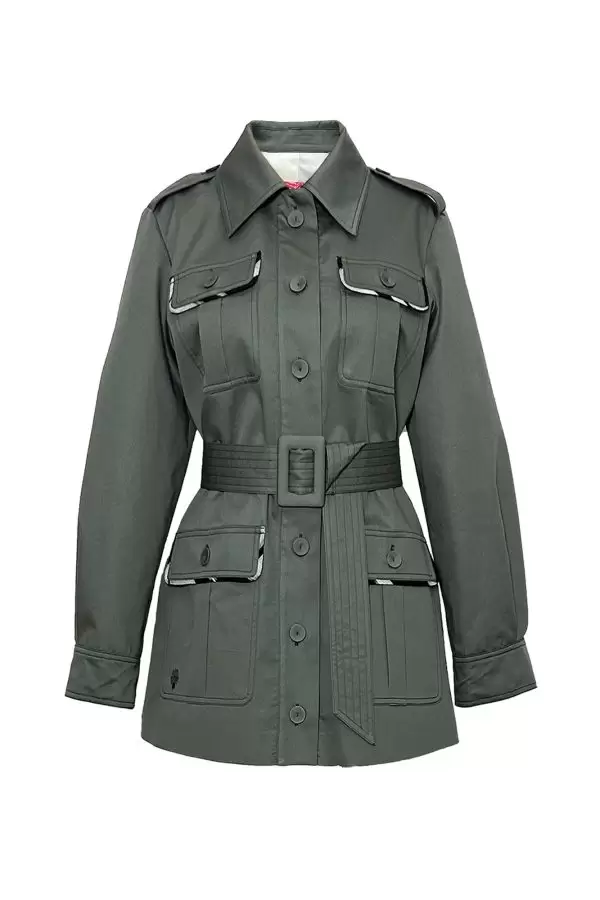 Safari Jacket w Ikat Biais in Khaki Poplin