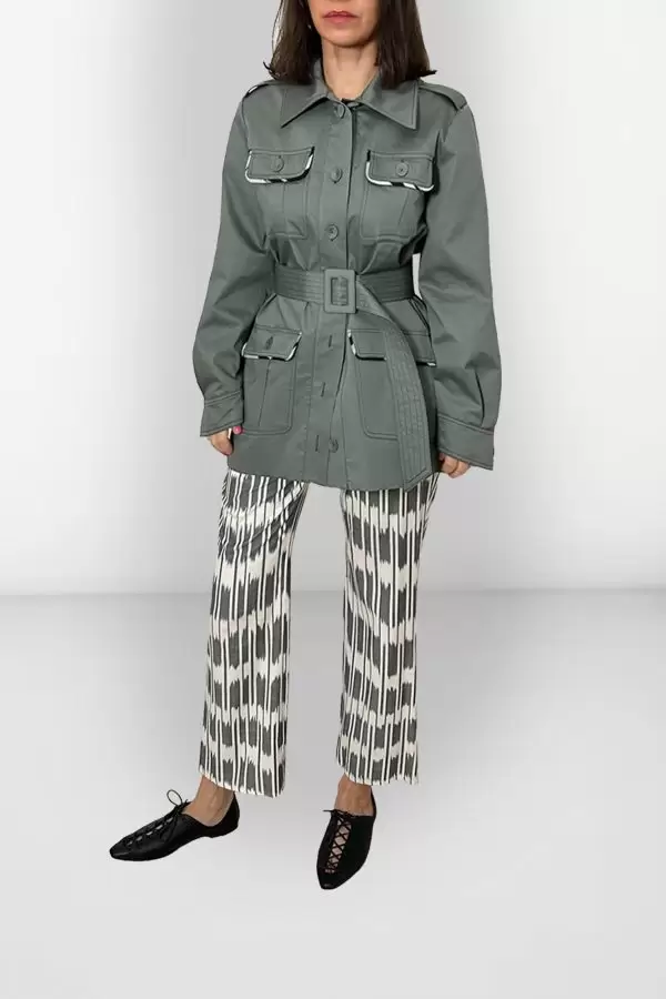 Safari Jacket w Ikat Biais in Khaki Poplin
