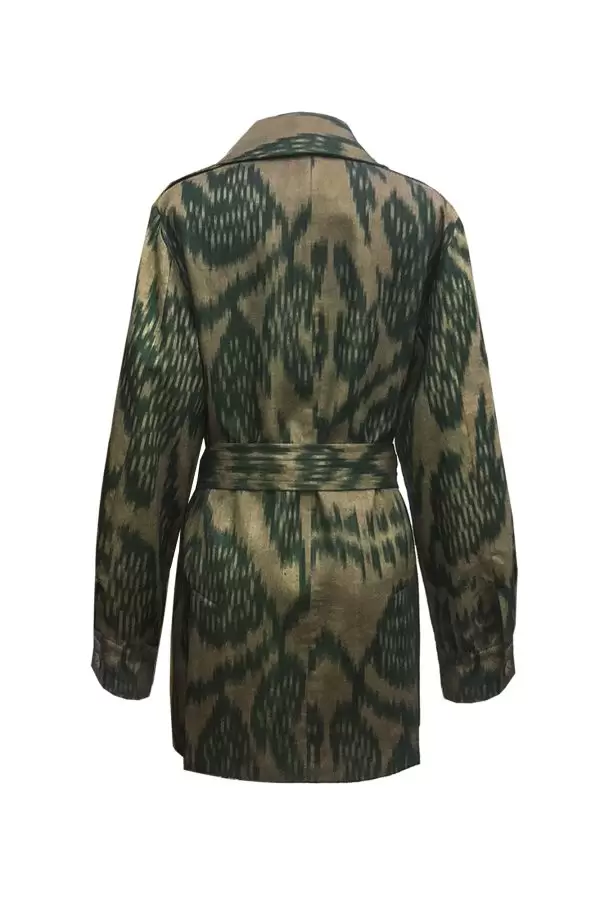 Safari Jacket in Camel/Green Leaf Cotton Ikat