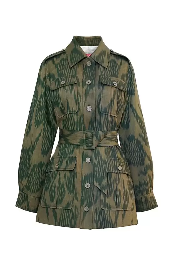 Safari Jacket in Camel/Green Leaf Cotton Ikat