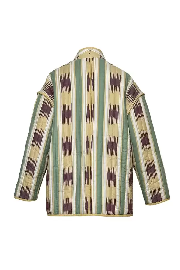 Quilted Jacket w Biais Trim in Mustard/Burgundy/Green Striped Ikat Cotton