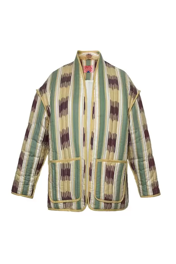 Quilted Jacket w Biais Trim in Mustard/Burgundy/Green Striped Ikat Cotton